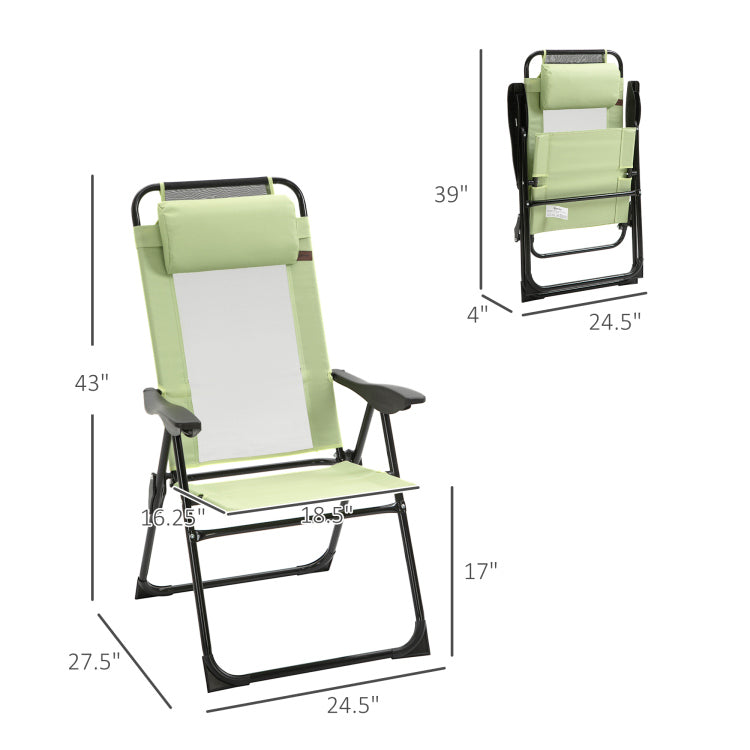Outsunny Folding Patio Chairs Set Of 2, Outdoor Deck Chair With Adjustable Sling Back, Camping Chair With Removable Headrest For Garden, Backyard, Lawn, Green