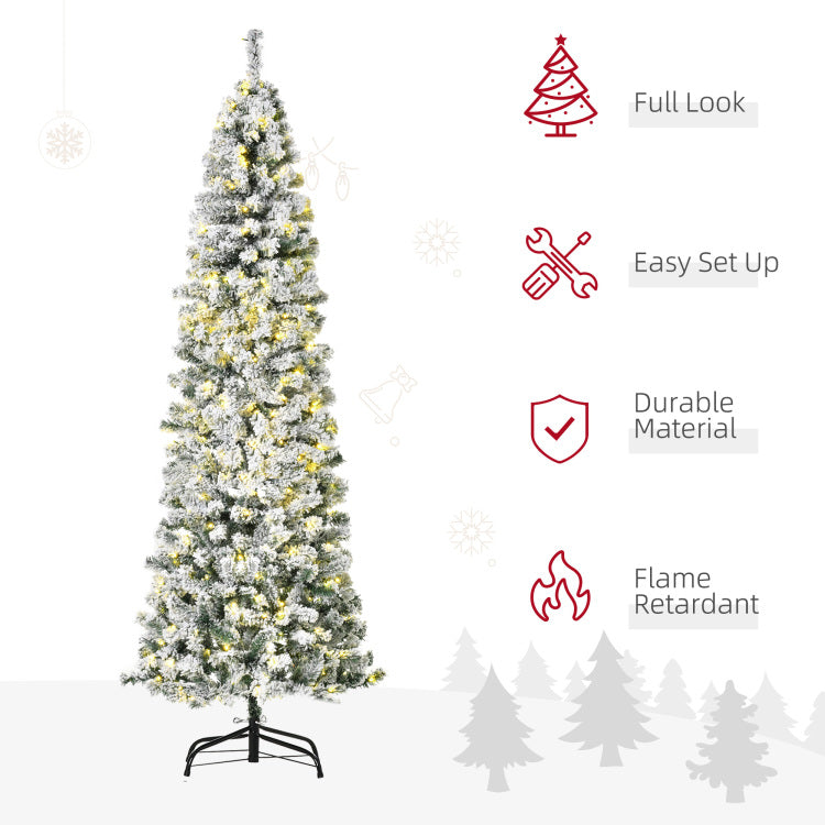 Homcom 7.5Ft Pre Lit Snow Flocked Slim Douglas Fir Artificial Christmas Tree With Realistic Branches, 350 Led Lights And 641 Tips