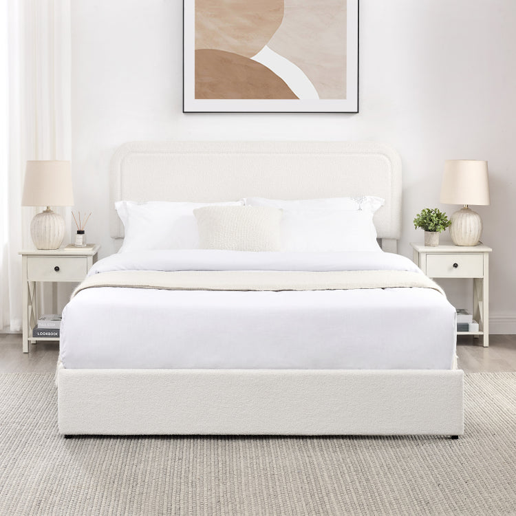 Liv Queen Size Ivory Boucle Upholstered Platform Bed With Patented 4 Drawers Storage, Curved Stitched Tufted Headboard, Wooden Slat Mattress Support, No Box Spring Needed