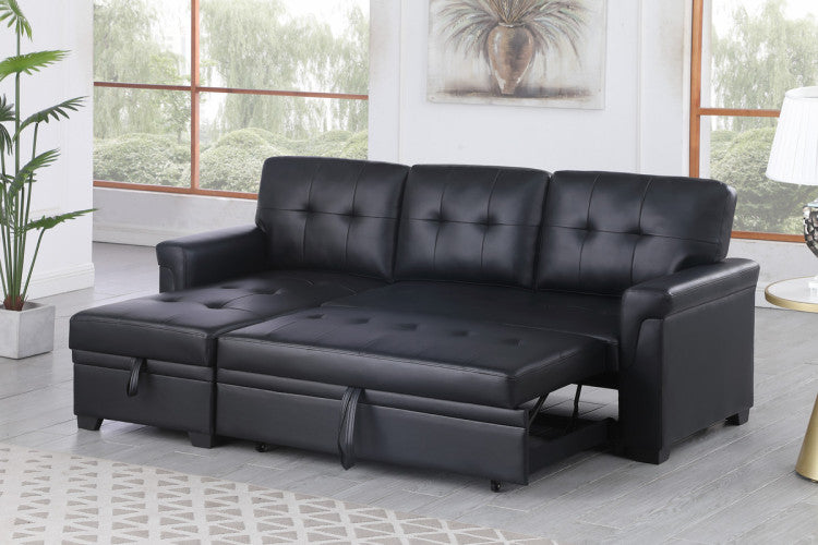 Jardin 84"W Black Vegan Leather Modern Reversible Sleeper Sectional Sofa With Storage Chaise