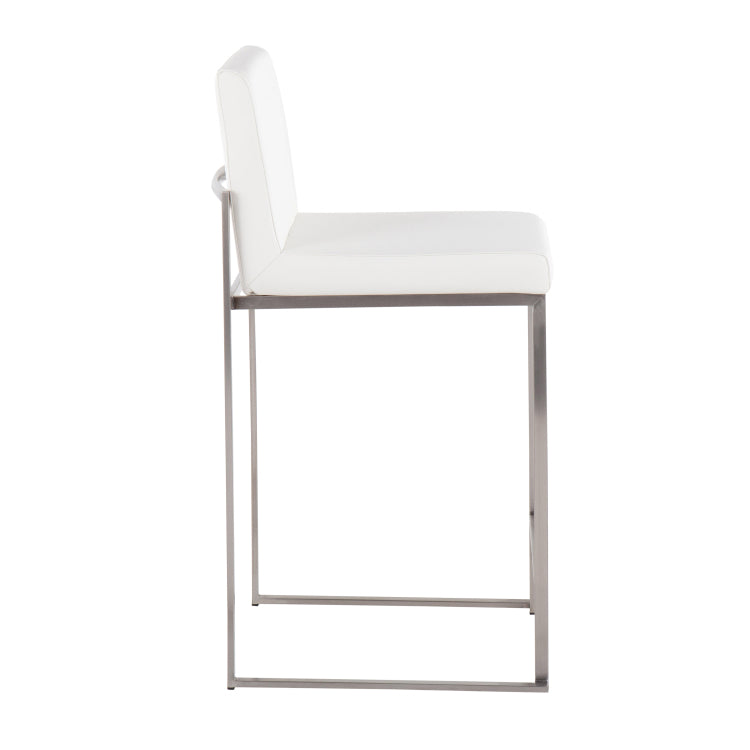 26" Contemporary High Back Counter Stool In Stainless Steel And White Faux Leather Set Of 3