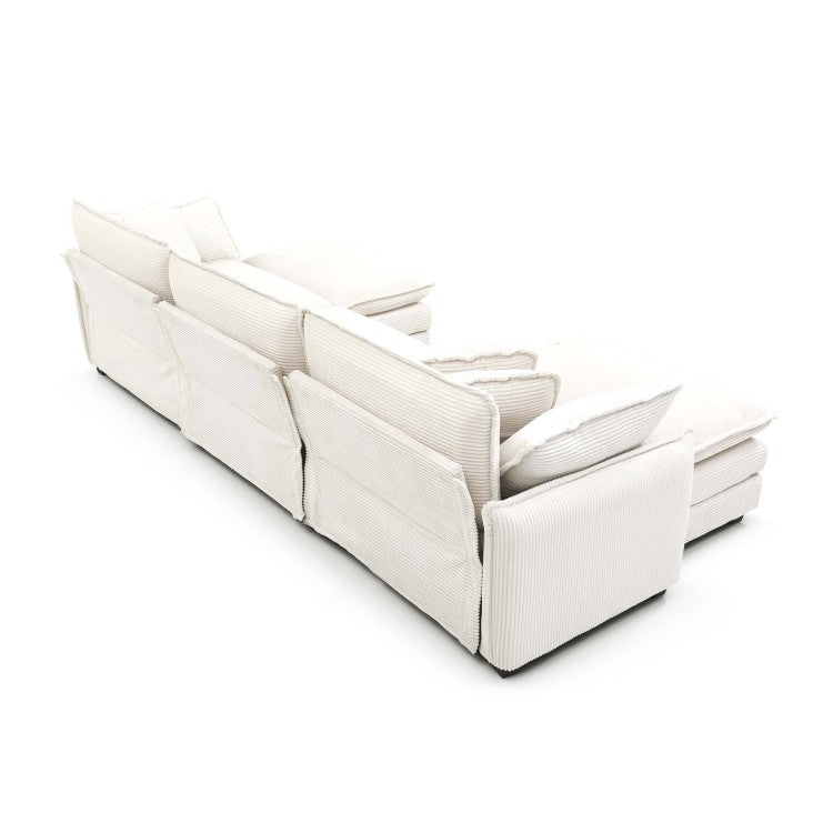Oversize 3 Seater Sofa With One Footrest, L Shaped Sectional Sofa With Ottoman For Living Rooms, White Corduroy Sofa