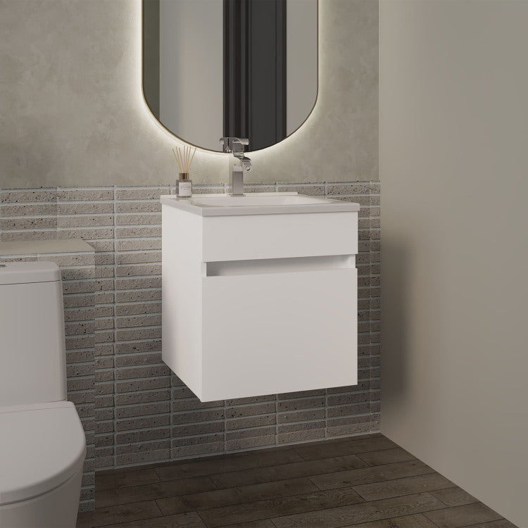 Primavera 18" Wide Floating Bathroom Vanity, With One Cabinet And Two Shelves, White