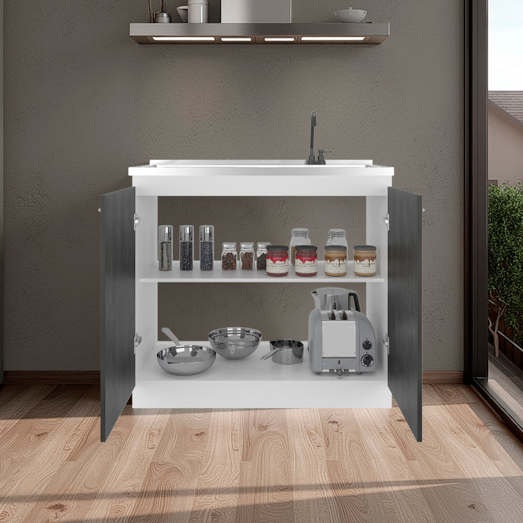 Napoles Utility Sink With Faucet Inclued And Integrated Stainless Steel Counter Top, Freestanding Cabinet With Two Doors, Metal Handles And Two Interior Shelves, Gray White