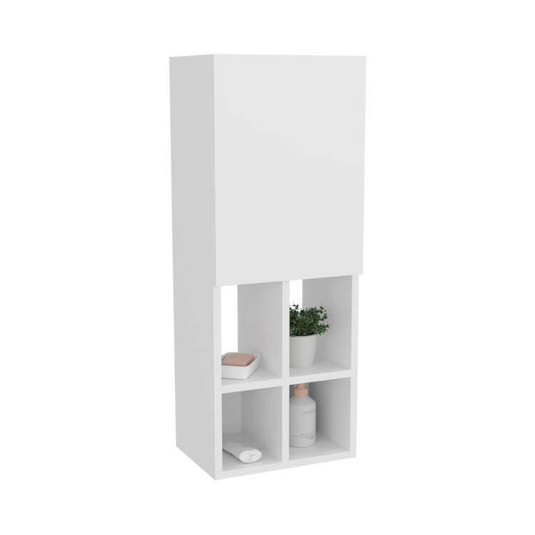 White Wall Mounted Bathroom Cabinet With Door And 4 Open Shelves