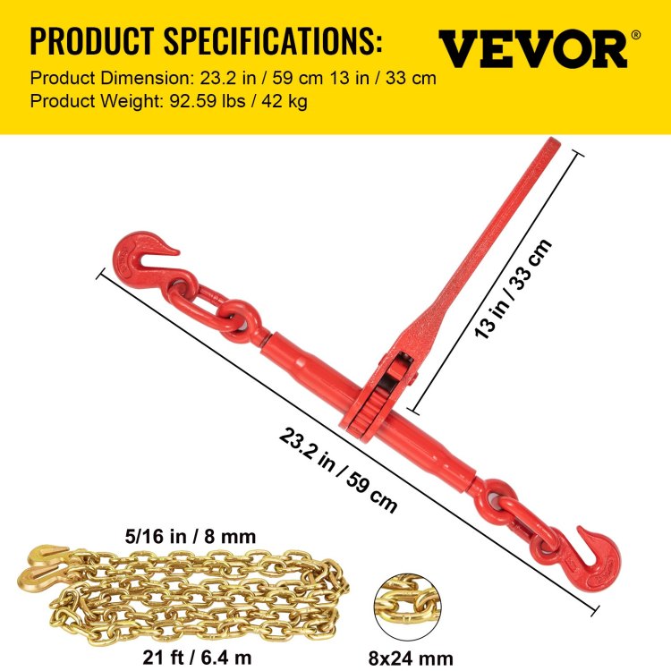 Chain Load Binder, 5 16" Tie Down Kit W 6600Lbs Working Load Capacity And Two Grab Hooks, Includes 4 Ratchet Binders 4 21' Grade 80 Chains, Transport Load Package For Hauling, Towing