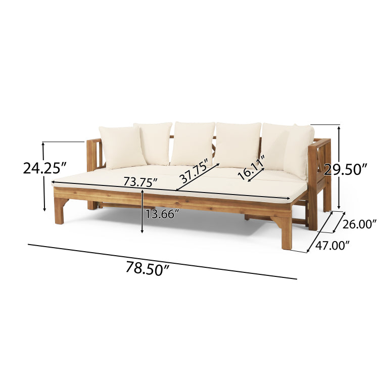 Outdoor Extendable Acacia Wood 3 Seater Sofa, Upholstered Cushion Couch, Daybed Sofa Chair, Spacious Seating Lounge Chair, Patio Daybed Sofa For Garden Yard