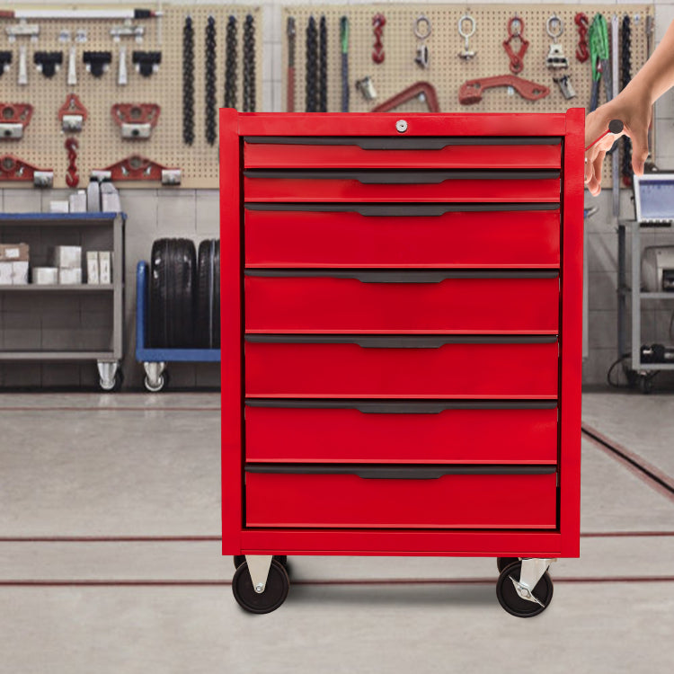 7 Drawer Rolling Tool Chest Cabinet, Large Capacity Metal Tool Box With Wheels And Cylinder Locking, Roll Around Storage Organizer Tool Cart For Garage, Warehouse, Work Shop Red