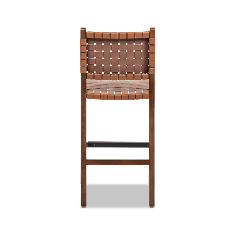 Andre 26" Woven Leather Counter Stool With Back, Pecan Brown Faux Leather