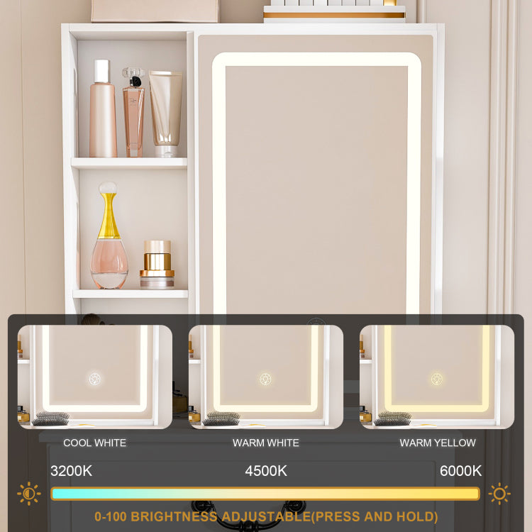 Modern Mini Dressing Table With Led Lit Mirror & Hidden Storage,Includes Padded Stool,Adjustable Brightness Vanity Desk,Multi Tier Dust Proof Shelves,White