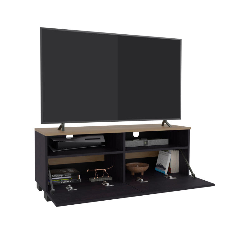 Colman Modern Tv Stand With Open Shelves And Compact Profile, Minimalist Media Console For Living Room Or Bedroom, Black Natural Oak