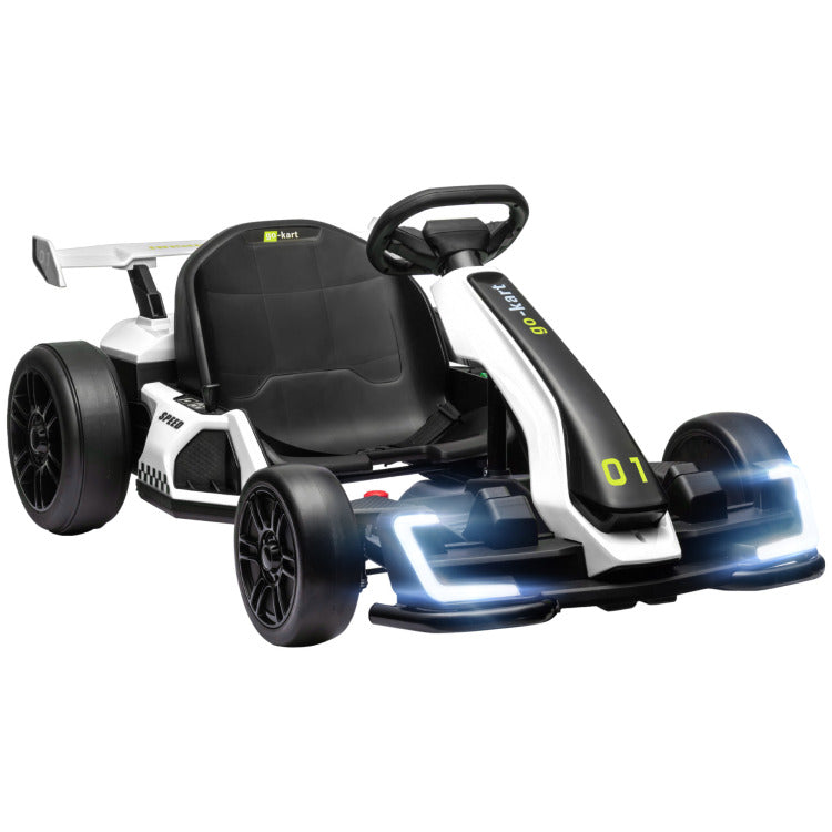 Aosom 24V 7.5 Mph Electric Go Kart With Adjustable Seat, Drifting Car Battery Powered Ride On Toy Outdoor With Slow Start, Button Start, Music, Honking Horn, Lights, For 6 12 Years Old, White
