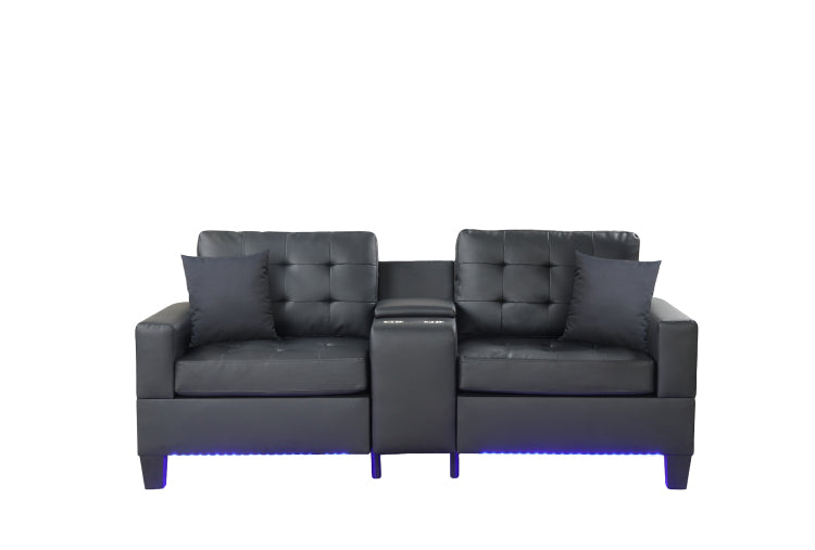 Genesis 85"W Black Pvc Fabric Sofa With Led Lights, Usb Charger, Storage Console, Cupholders, Tufted Cushions