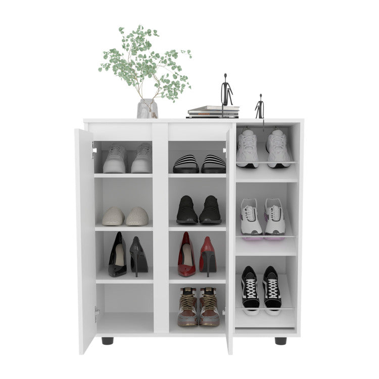 Houck Shoe Rack With 3 Side Tiers, Compact Storage For Shoes, Boots, And Accessories Organizer, White