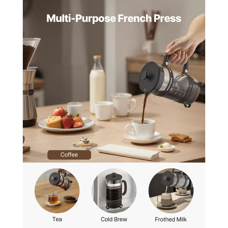 French Press Coffee Maker 34 Oz Borosilicate Glass Coffee Tea Press Silver