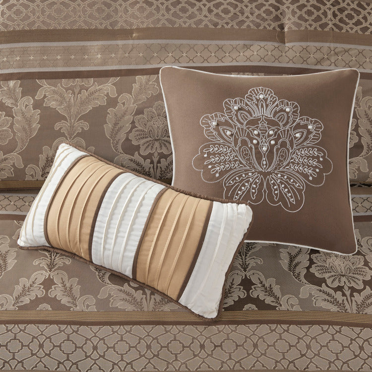 7 Piece Jacquard Comforter Set Brown Gold Queen