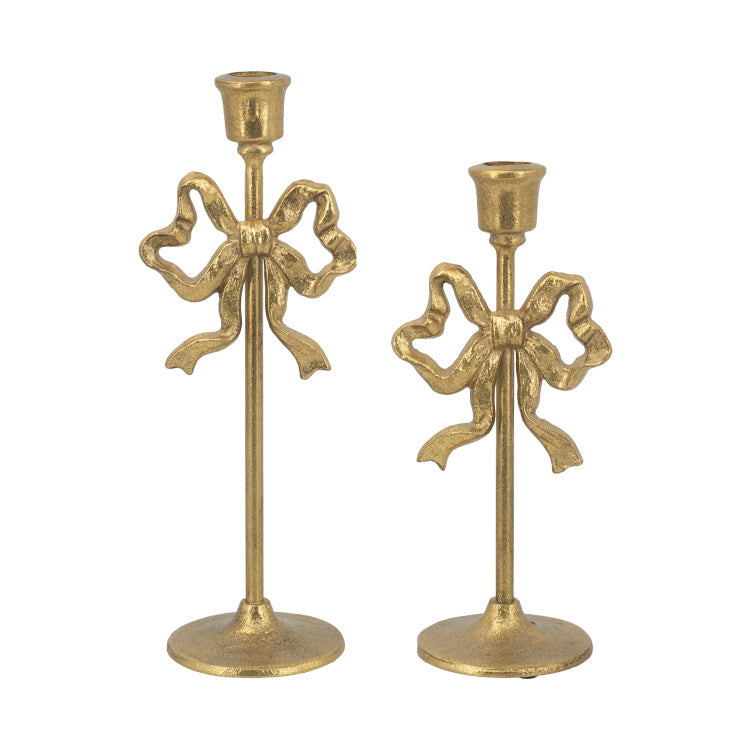 S 2 Gold Cast Iron Candle Holders With Playful Bow Design