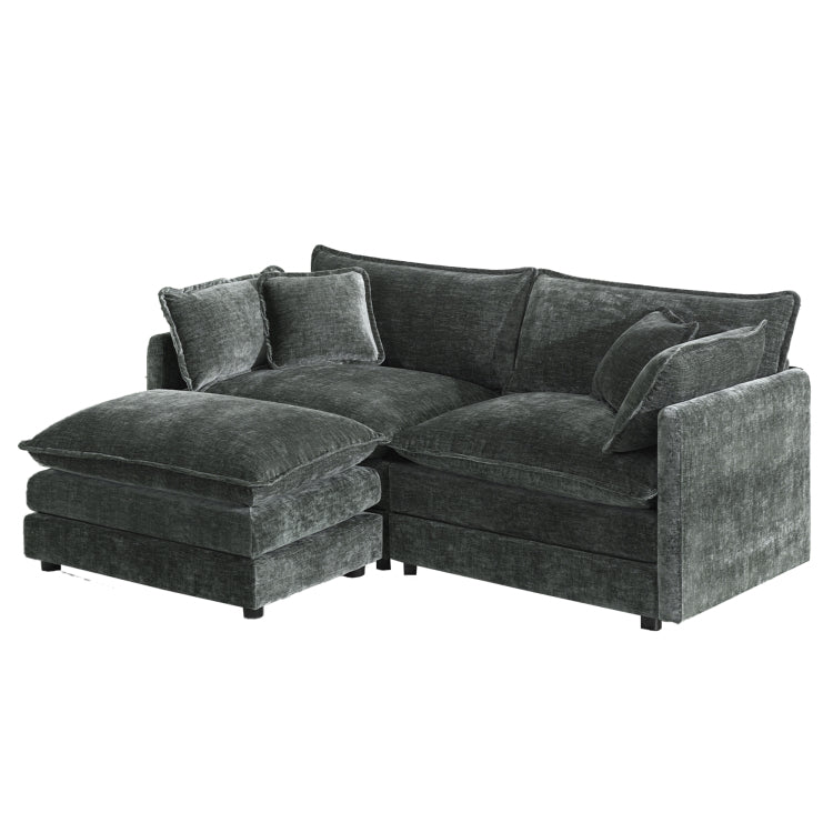 Chenille Two Seater Sofa With 1 Footrest, 2 Seater L Shaped Sectional With Ottoman,Loveseat With Ottoman For Small Living Space, Gray Chenille