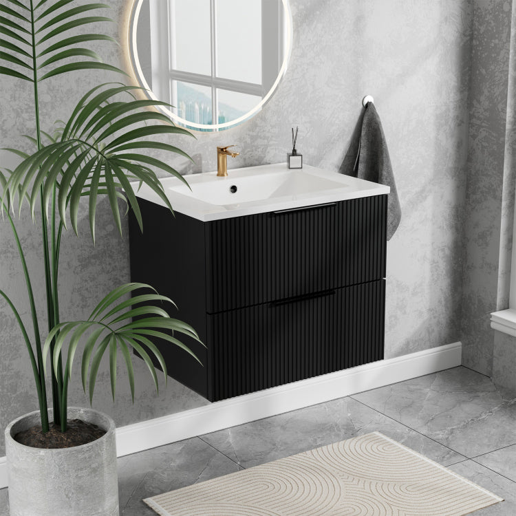 24 Inch Bathroom Vanity Cabinet With Ceramic Sink Black Wall Mounted Floating Fluted Vanity With Drawers, Modern