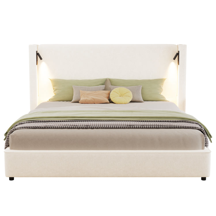 King Size Upholstered Bed Frame With High Wingback Headboard,Reading Lamp And Usb Port,Beige