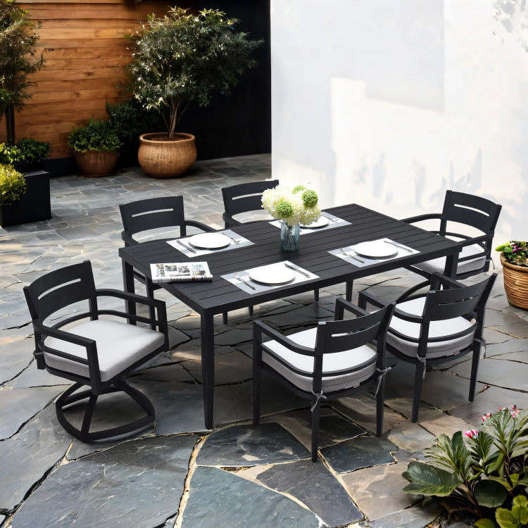 7 Piece Outdoor Patio Aluminum Furniture, Modern Dining Set, Including 4 Dining Chairs & 2 Swivel Rockers Sunbrella Fabric Cushioned And Rectangle Dining Table With Umbrella Hole, Ember Black