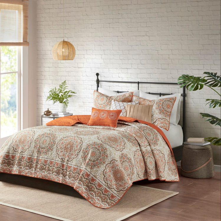 6 Piece Reversible Quilt Set With Throw Pillows Orange Full Queen