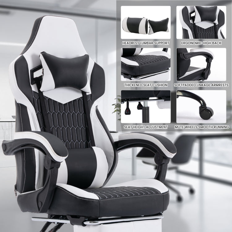 Gaming Chair With Footrest, High Back Gaming Chairs Pvc Leather Ergonomic Office Gamer Chair Headrest Lumbar Support Racing Style Video Gaming Chair Black White