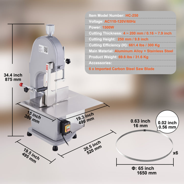 Commercial Electric Meat Bandsaw, 1500W Stainless Steel Countertop Bone Sawing Machine, Workbeach 19.3" X 15", 0.16 7.9 Inch Cutting Thickness, Frozen Meat Cutter With 6 Blades For Rib Pork Beef
