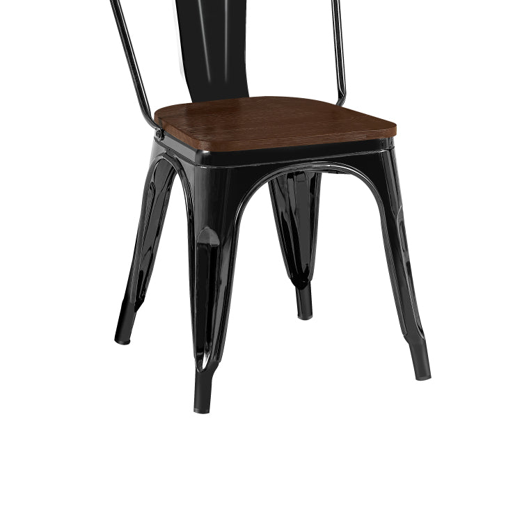 Set Of 2 High Gloss Black With Walnut Wooden Seat Industrial Metal Dining Chairs 18 Inch Seat Height Stackable, Indoor Outdoor, Lightweight Easy Clean Surface, Easy Assembly, Durable Modern Design