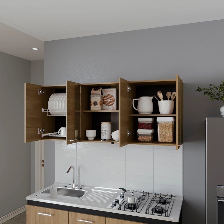 Natural Oak Wall Cabinet Kitchen In Melamine With 4 Door And Glass Storage