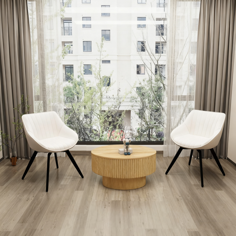 29.53 "Mdf Modern Round Coffee Table And 2 Pu Dining Chairs Set, Ring Striped Design & Storage Space Dining Table And Black Metal Leg Dining Chairs, Suitable For Kitchen And Home