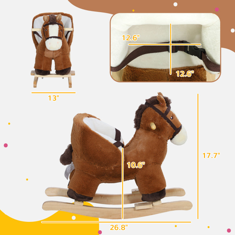 Qaba Baby Rocking Horse, Plush Animal Rocker With Sound, Wooden Base, & Safety Belt For Ages 18 36 Months, Brown
