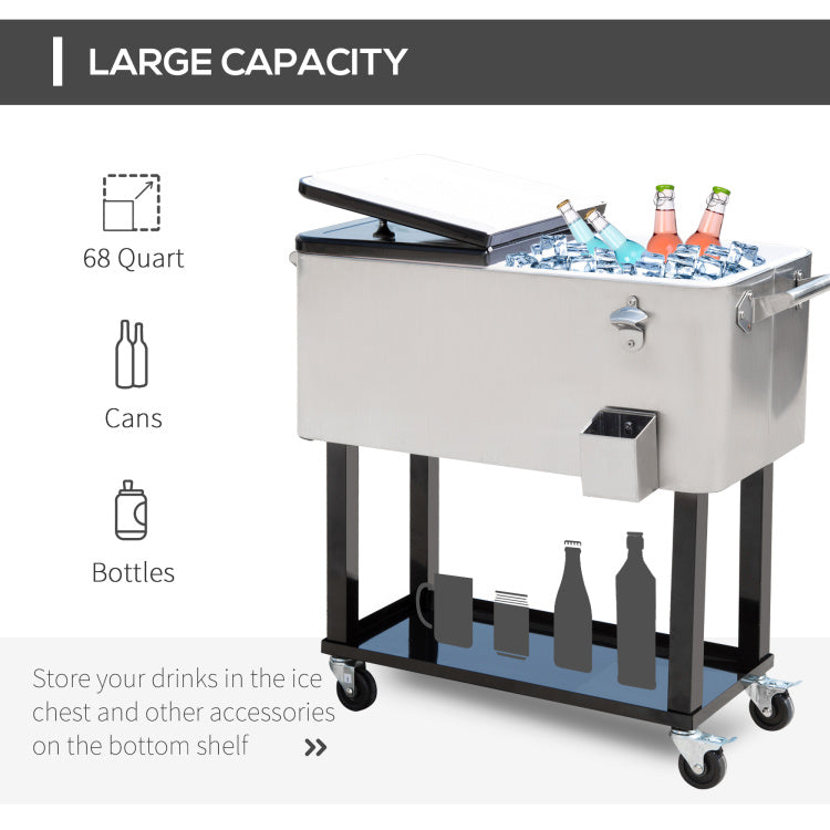 Outsunny 80 Qt Rolling Cooling Bins Ice Chest On Wheels Outdoor Stand Up Drink Cooler Cart For Party, Silver