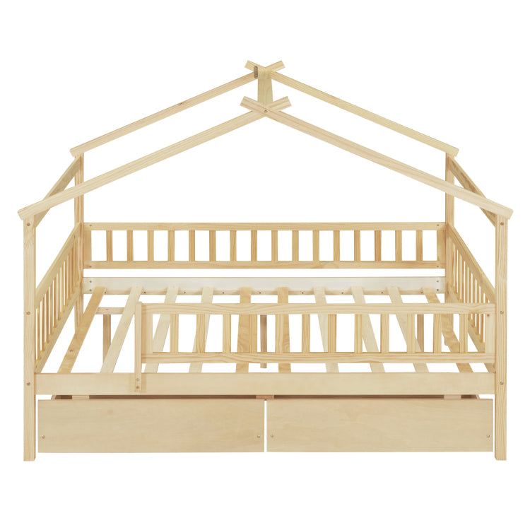 Full Size Wooden House Bed With Two Drawers, Natural
