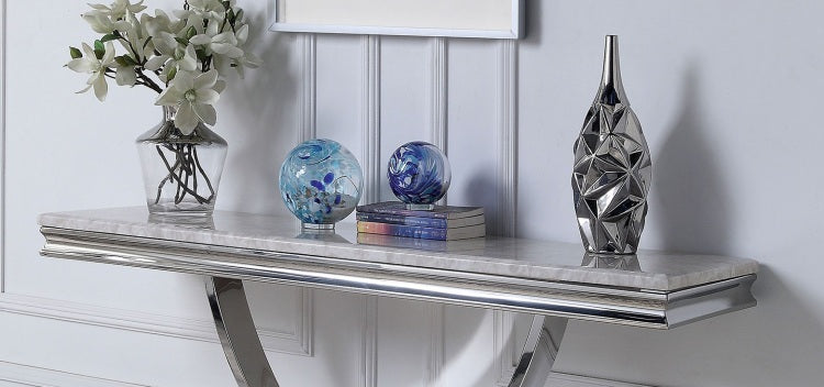 Glam Style Modern Sofa Table 1Pc Stainless Steel Pedestal Base 18Mm Faux Marble On Top Metal Structure Chroma Finish Coffee Table Not Included