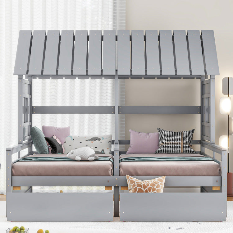 Twin Size House Platform Beds With Two Drawers For Boy And Girl Shared Beds, Combination Of 2 Side By Side Twin Size Beds, Gray