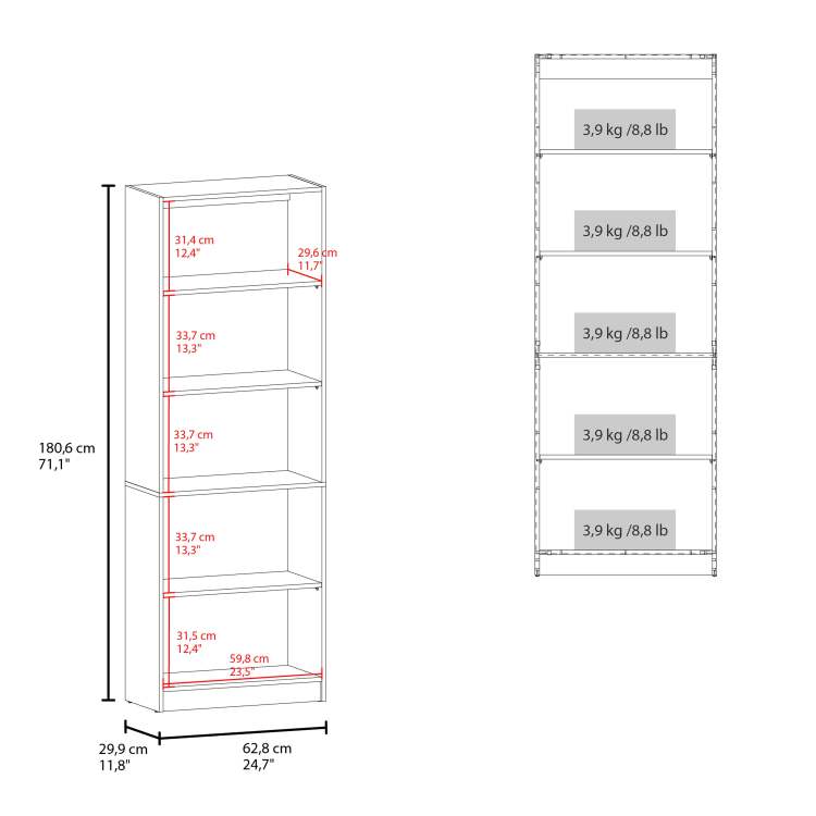 Natural Oak And White 5 Shelf Bookcase With Open Storage