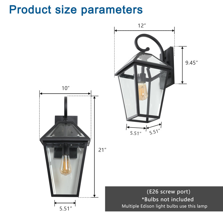21" H 1 Pack Outdoor Wall Lantern Light Modern Black Metal & Clear Glass Sconce For Porch, Patio, And Garden Lighting Bulb Not Included