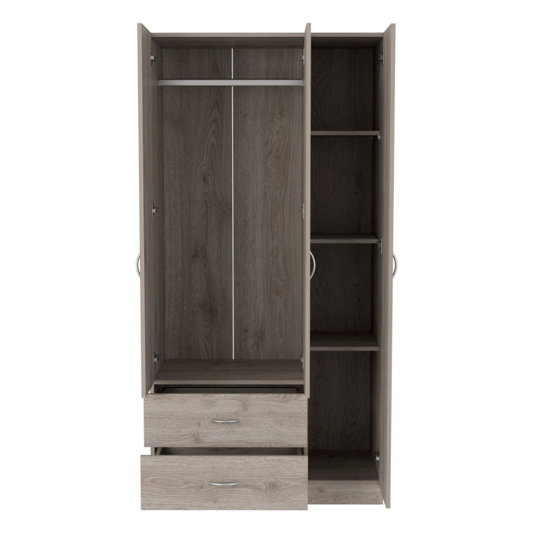Bosko 3 Doors Armoire, Two Drawers, Metal Rod, Light Gray Bedroom