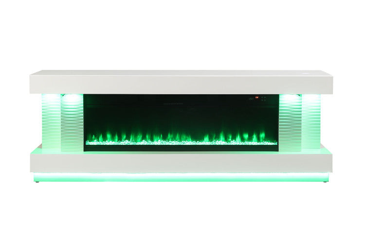 Contemporary Style Tv Stand Electric Fire Place W Heater Included Fahrenheit & Celsius Display White Finish Primary Living Room