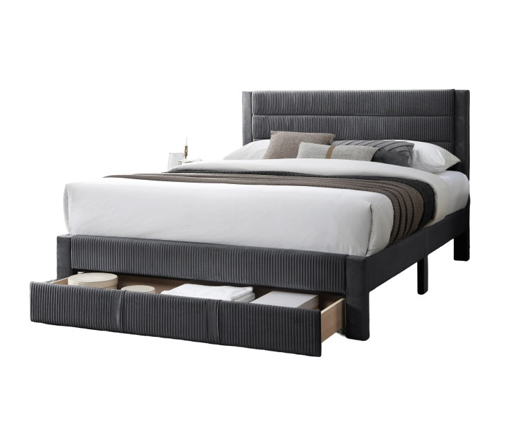 Luxury Contemporary Look 1Pc Full Size Bed W Storage Drawer Charcoal Corduroy Headboard Bedframe