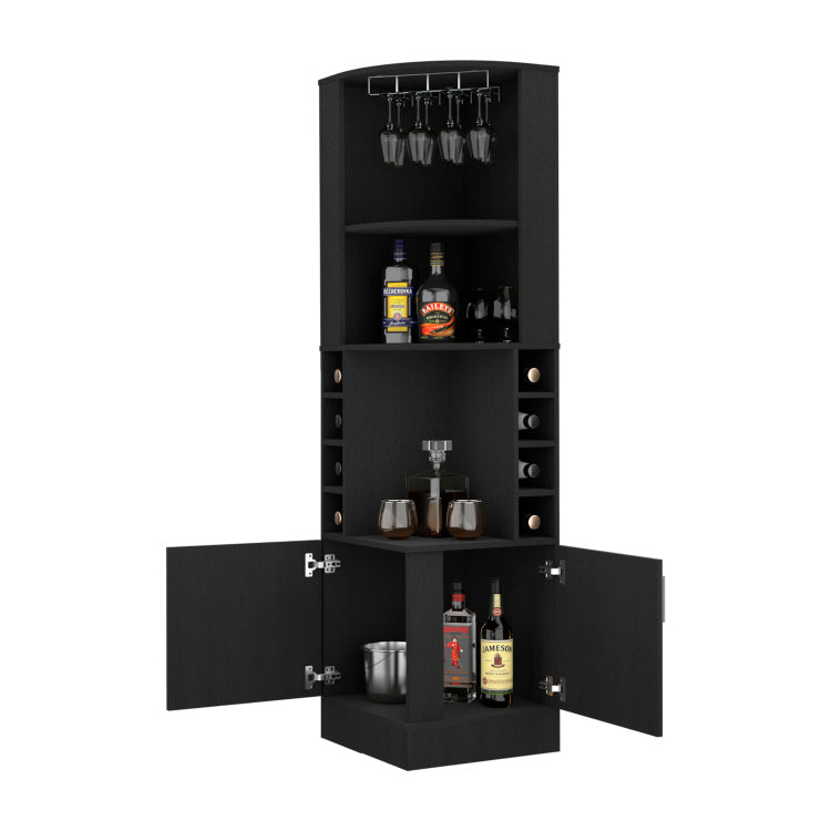 Corner Bar Cabinet, Double Door Cabinet, Glass Rack, Eight Built In Wine Rack, Black
