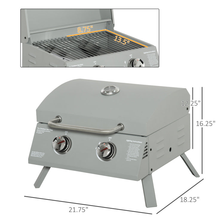 Outsunny 2 Burner Propane Gas Grill Outdoor Portable Tabletop Bbq With Foldable Legs, Lid, Thermometer For Camping, Picnic, Backyard, Light Grey