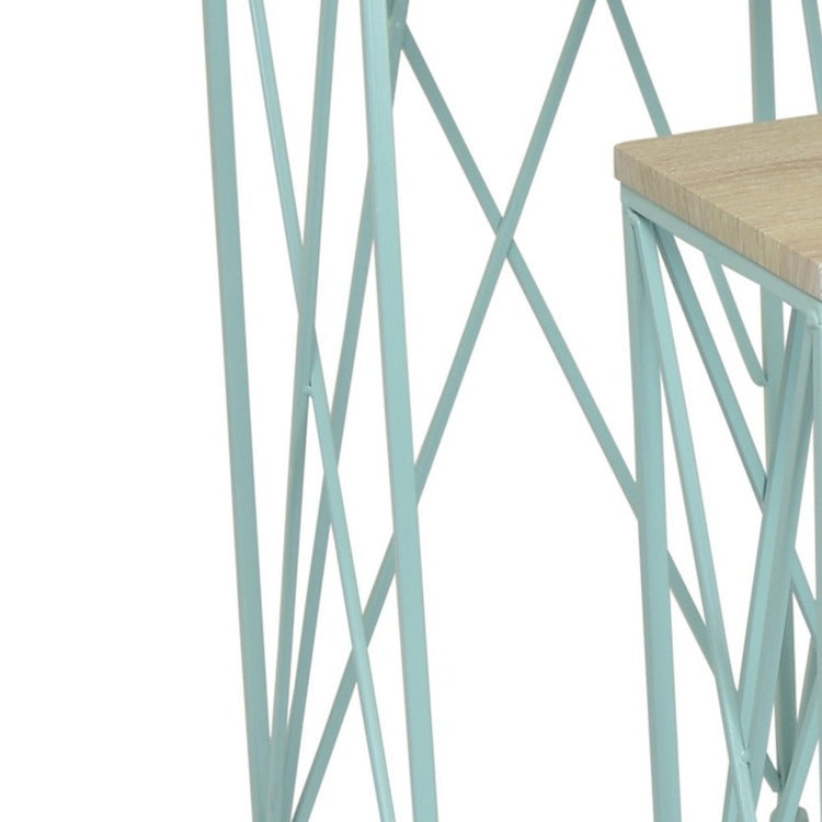 Mito 3Pc Nesting Plant Stand Table, Brown Wood Top, X Cross Blue Metal