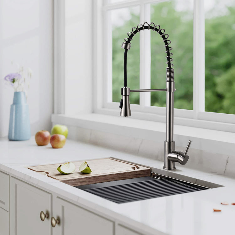 Brushed Nickel Single Handle Commercial Modern Spring High Arc Kitchen Faucet Water Filter System Bends As You Want
