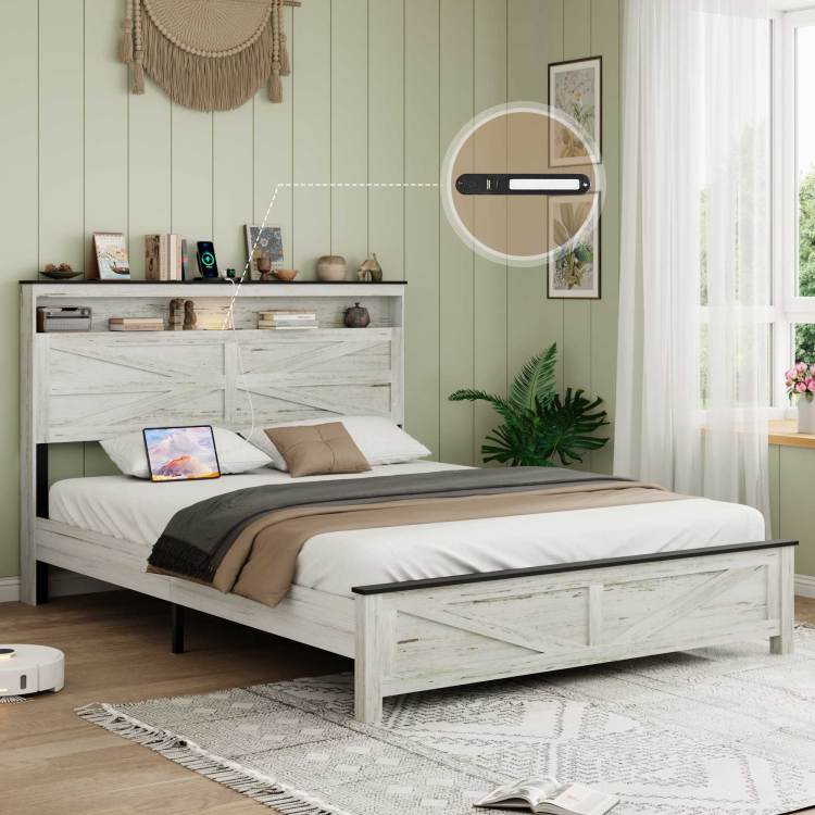 Fully Floating Bed Frame With Led Lights And Charging Station Cushion Platform Bed Frame, Large Bed, With Headboard And Hidden Storage Space, No Need For Box Springs, Antique White Gray