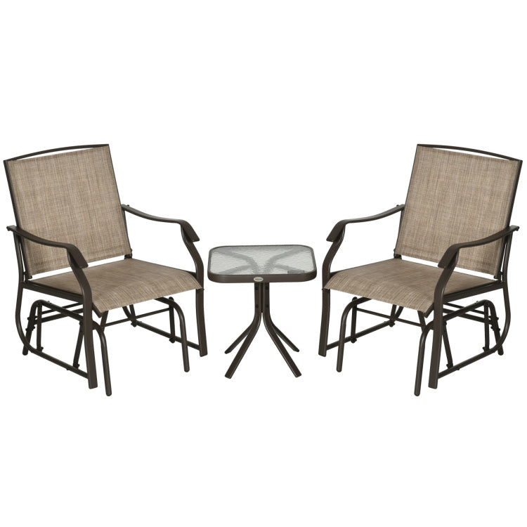 Outsunny 3 Piece Outdoor Glider Chair With Coffee Table Bistro Set, 2 Patio Rocking Swing Chairs With Sling Fabric, Glass Tabletop, For Backyard, Garden And Porch, Mixed Brown