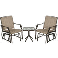 Outsunny 3 Piece Outdoor Glider Chair With Coffee Table Bistro Set, 2 Patio Rocking Swing Chairs With Sling Fabric, Glass Tabletop, For Backyard, Garden And Porch, Mixed Brown