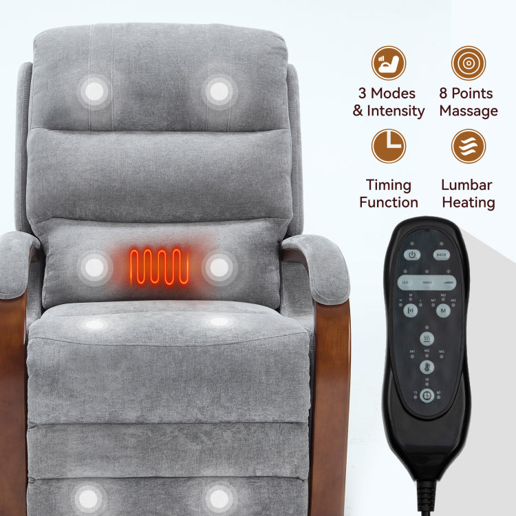 Power Grey Chenille Lift Recliner Chair Dual Motor Infinite Position Up To 350 Lbs With Solid Wood Armrests, Heat Massage And Heavy Duty Motion Mechanism