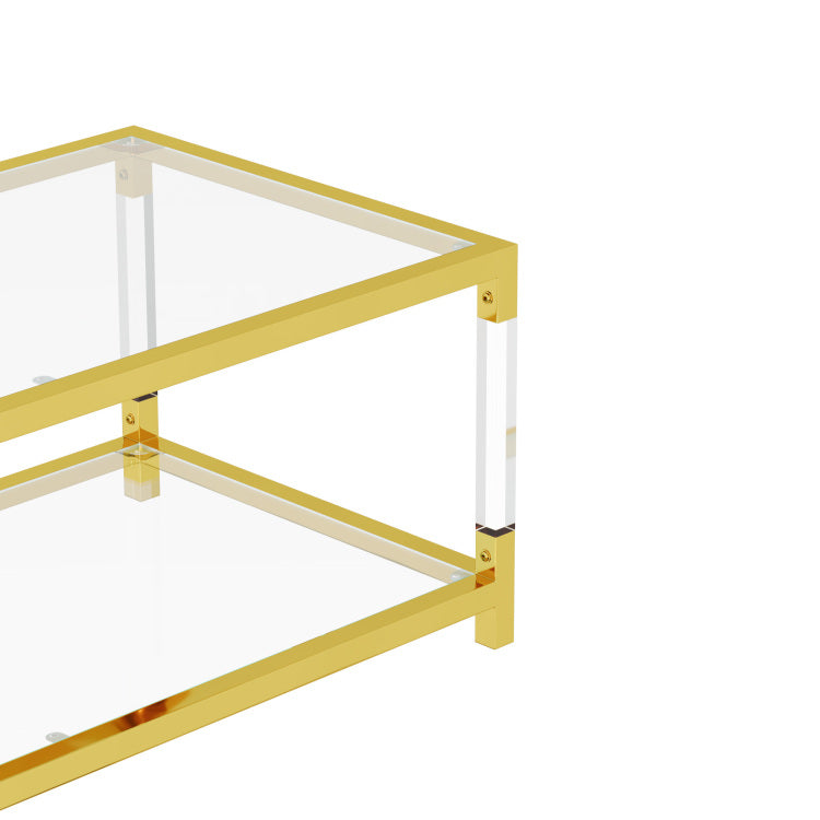 Modern Acrylic Leg Coffee Table, Double Layer Tempered Glass Top With Golden Metal Frame, 47.2X23.6X17.7 Inch Living Room Furniture